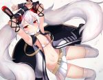  animal_ears arm_strap armpits arms_up azur_lane bangs bare_shoulders belt black_hairband blush bra breasts buckle bunny_ears closed_mouth clothes_writing collarbone commentary_request eyebrows_visible_through_hair floating floating_hair fur-trimmed_jacket fur_trim hair_between_eyes hair_ornament hairband headgear jacket laffey_(azur_lane) long_hair long_sleeves looking_at_viewer mathew_(srmmk_mce) miniskirt navel pleated_skirt red_eyes remodel_(azur_lane) shiny shiny_skin silver_hair skirt small_breasts solo stomach thighhighs thighs twintails underwear very_long_hair white_bra white_legwear 