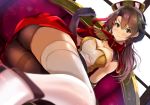  ass asymmetrical_hair asymmetrical_legwear azur_lane bangs black_gloves black_legwear blush breasts brown_hair cleavage commentary_request exeter_(azur_lane) eyebrows_visible_through_hair gloves green_eyes hair_between_eyes hat kanzaki_kureha large_breasts long_hair long_legs looking_at_viewer lying on_side pantyhose shiny shiny_clothes shiny_skin single_thighhigh skindentation sleeveless smile solo thighband_pantyhose thighhighs thighs white_legwear 