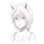  absurdres animal_ears artist_name blush collarbone commentary eyes_visible_through_hair fang greyscale hair_between_eyes hair_over_eyes highres monochrome original parted_lips romiy short_hair simple_background solo upper_body white_background wolf_ears 