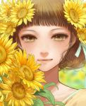  absurdres bangs blunt_bangs blurry blurry_background brown_eyes brown_hair closed_mouth commentary_request depth_of_field flower hair_flower hair_ornament highres looking_at_viewer original romiy short_hair smile solo sunflower upper_body yellow_flower 
