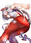  absurdres amamitsu_kousuke ass bad_id bad_twitter_id bare_arms bow breasts feet_out_of_frame fire from_below fujiwara_no_mokou hair_bow hand_on_thigh highres leaning_forward long_hair looking_at_viewer medium_breasts midriff_peek ofuda pants ponytail red_eyes red_pants shirt short_sleeves silver_hair simple_background sketch smile solo suspenders torn_clothes torn_shirt torn_sleeves touhou very_long_hair white_background white_bow white_shirt 