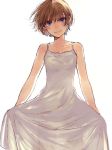  bare_arms bare_shoulders brown_hair closed_mouth commentary_request cowboy_shot dress head_tilt looking_at_viewer original purple_eyes romiy see-through short_hair simple_background skirt_hold sleeveless sleeveless_dress smile solo standing white_background white_dress 