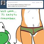  briefs bulge canine clothed clothing crossover english_text fox fox_mccloud green_underwear male mammal mario_bros nintendo nishi star_fox text topless underwear video_games yoshi 