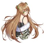  ahoge bangs bare_shoulders blush bow breasts brown_hair camouflage_coat choker coat cropped_torso double_bun dress eyebrows_visible_through_hair floating_hair from_behind fur-trimmed_coat fur_trim girls_frontline green_bow green_eyes hair_bow long_hair looking_at_viewer looking_back medium_breasts off_shoulder open_clothes rfb_(girls_frontline) shoulder_blades sidelocks simple_background smile solo tsuaaa very_long_hair white_background 