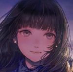  bangs blunt_bangs brown_hair closed_mouth commentary_request earrings eyebrows_visible_through_hair jewelry looking_at_viewer original portrait purple_background purple_eyes romiy smile solo star star_earrings 