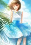  absurdres blue_skirt blue_sky bob_cut brown_eyes brown_hair cloud cloudy_sky commentary_request day eyebrows_visible_through_hair feet_out_of_frame high-waist_skirt highres looking_at_viewer original outdoors palm_tree parted_lips romiy shirt short_hair sitting skirt sky smile solo tree white_shirt 