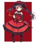  asymmetrical_hair bangs black_bow black_footwear black_hair black_legwear blush bow closed_mouth commentary_request date_a_live detached_sleeves dress eyebrows_visible_through_hair frilled_hairband frills full_body gothic_lolita gun hair_between_eyes hairband heterochromia holding holding_gun holding_weapon lolita_fashion lolita_hairband long_sleeves looking_at_viewer musket pantyhose red_background red_dress red_eyes red_hairband red_ribbon ribbon rifle shoes solo standing strapless strapless_dress tengxiang_lingnai tokisaki_kurumi twintails two-tone_background uneven_twintails v-shaped_eyebrows weapon white_background yellow_eyes younger 