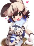  :d african_wild_dog_(kemono_friends) african_wild_dog_print animal_ears blonde_hair boots brown_eyes brown_hair commentary dog_ears dog_tail heart highres hug kemono_friends long_sleeves looking_at_viewer lucky_beast_(kemono_friends) makuran open_mouth pantyhose pantyhose_under_shorts print_legwear print_sleeves shirt short_over_long_sleeves short_shorts short_sleeves shorts smile squatting tail white_footwear white_shirt 