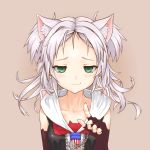  :3 american_flag anchor_symbol animal_ears azur_lane bangs black_gloves blush breasts cat_ears collarbone commentary_request dress elbow_gloves fingerless_gloves flag_print floating_hair gloves green_eyes long_hair looking_at_viewer mana_p necktie pointing pointing_at_viewer sidelocks silver_hair simple_background sims_(azur_lane) small_breasts smile smirk solo two_side_up white_hair 