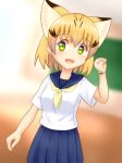  alternate_costume animal_ears blonde_hair bracelet cat_ears clenched_hand commentary contemporary cowboy_shot green_eyes highres jewelry kemono_friends multicolored_hair neckerchief pleated_skirt sand_cat_(kemono_friends) school_uniform serafuku shiraha_maru short_hair short_sleeves skirt solo 