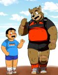  anthro bandage blue_sky canine clothed clothing cloud duo fully_clothed human male mammal muscular muscular_male outside polo_shirt shiba-kenta shirt shorts sky t-shirt tennis_shoes white_socks 