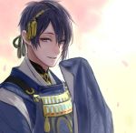  commentary_request hair_between_eyes hand_up japanese_clothes kariginu long_sleeves looking_at_viewer male_focus mikazuki_munechika monochrome parted_lips purple_eyes purple_hair romiy sleeves_past_fingers sleeves_past_wrists smile solo touken_ranbu upper_body wide_sleeves 