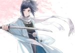  absurdres blue_eyes blue_hair cherry_blossoms closed_mouth commentary_request dark_blue_hair highres holding holding_sword holding_weapon japanese_clothes katana long_sleeves looking_at_viewer male_focus ponytail romiy sash scabbard scarf sheath solo standing sword touken_ranbu unsheathed weapon white_scarf wide_sleeves yamato-no-kami_yasusada 