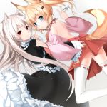  animal_ear_fluff animal_ears arm_up bare_back bell black_dress blonde_hair blue_eyes cat_ears commentary_request detached_sleeves dress fox_ears fox_tail from_behind hair_ornament hairclip japanese_clothes jingle_bell kemomimi_oukoku_kokuei_housou long_hair looking_back mikoko_(kemomimi_oukoku_kokuei_housou) multiple_girls nora_cat nora_cat_channel pink_shirt red_eyes red_skirt ribbon shirt skirt smile tail thighhighs v virtual_youtuber white_hair white_legwear yagi-san_(wintersky) 