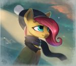  blue_eyes blush equine eyelashes feathered_wings feathers female feral fluttershy_(mlp) friendship_is_magic hair hat long_hair mammal my_little_pony pegasus pink_hair rain-gear scarf signature smile solo wings yellow_body yellow_feathers 