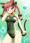  animal_ears bow braid breasts cat_ears cat_tail competition_swimsuit d-m_(dii_emu) extra_ears green_background green_swimsuit hair_bow highres hitodama kaenbyou_rin looking_at_viewer medium_breasts multiple_tails nekomata one-piece_swimsuit pointy_ears red_eyes red_hair skull smile solo swimsuit tail touhou twin_braids two_tails 