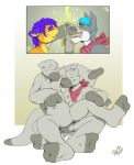  2017 animate_inanimate anthro blue_hair canine clothing cosmicwuffy digital_drawing_(artwork) digital_media_(artwork) duo featureless_crotch fur grey_fur hair herpestid hi_res hypnosis legwear male mammal meerkat midn_control mind_control mongoose multicolored_fur musk neckerchief nude open_mouth orange_fur rip_k simple_background smile socks spiral spiral_eyes tigerthemeerkat tongue tongue_out transformation two_tone_fur white_fur wolf 