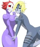  big_breasts black_sclera blue_skin breast_size_difference breasts female female/female fish green_eyes hair hi_res humanoid marine purple_skin red_eyes red_hair shark shark_humanoid sherry_(shark) simple_background sinful-spector sinful-spector_(character) white_background 