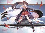  aiguillette aircraft airplane armpits azur_lane bangs bare_shoulders black_legwear blush breasts brown_hair cleavage commentary_request dress eyebrows_visible_through_hair floating_hair full_body hair_ornament hood hood_down iaidou japanese_clothes kaze_no_gyouja kneehighs large_breasts long_hair looking_at_viewer obi petals ponytail ribbon rigging rudder_shoes sash skindentation skirt smile solo standing sword tassel thigh_strap very_long_hair weapon wide_sleeves wind wind_lift zuikaku_(azur_lane) 