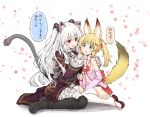  animal_ear_fluff animal_ears bell black_dress blonde_hair cat_ears cat_tail cup detached_sleeves dress drinking_glass fox_ears fox_tail hair_ornament hairclip hakama_skirt hand_on_another's_shoulder japanese_clothes jingle_bell kemomimi_oukoku_kokuei_housou long_hair mikoko_(kemomimi_oukoku_kokuei_housou) miniskirt multiple_girls navel nora_cat nora_cat_channel open_clothes open_mouth open_shirt pink_shirt red_eyes red_skirt ribbon sandals shirt sitting skirt smile tail tatsuhiko thighhighs translation_request twintails two_side_up virtual_youtuber white_hair white_legwear 