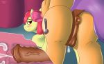  2016 amber_eyes animal_genitalia animal_penis anus apple_bloom_(mlp) balls blush butt cum cum_in_pussy cum_inside cutie_mark duo earth_pony equine equine_penis erection female feral friendship_is_magic fur hair hair_bow hair_ribbon horse looking_back male mammal my_little_pony orange_fur penetration penis pony purple_hair red_hair ribbons sex stargazer tender_taps_(mlp) vaginal vaginal_penetration yellow_fur 