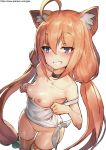  ahoge animal_ear_fluff animal_ears bare_shoulders blue_eyes blush breasts choker commentary cowboy_shot dutch_angle eyebrows_visible_through_hair foreshortening from_above gao_(gaolukchup) grin hair_between_eyes highres hinata_channel long_hair looking_at_viewer low_twintails nekomiya_hinata nipples orange_hair shirt_pull simple_background small_breasts smile solo strap_slip striped striped_legwear tank_top thigh_gap thighhighs twintails very_long_hair virtual_youtuber white_background 