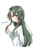  alternate_costume bangs black_sweater commentary_request eyebrows_visible_through_hair from_above green_eyes green_hair hair_down hair_intakes holding holding_hair hoshino_kagari kantai_collection long_hair long_sleeves looking_at_viewer looking_to_the_side parted_bangs shiny shiny_hair shirt sidelocks simple_background solo sweater turtleneck twitter_username upper_body v-shaped_eyebrows white_background white_shirt zuikaku_(kantai_collection) 