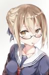  ahoge artoria_pendragon_(all) brown_eyes commentary_request fate/grand_order fate_(series) food glasses gradient gradient_background hair_bun highres light_brown_hair looking_at_viewer mouth_hold mysterious_heroine_x_(alter) pocky school_uniform serafuku simple_background solo sunoril 