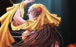  1girl arm_up bangle bangs bracelet breasts brown_hair dancer dancing dress earrings fate/grand_order fate_(series) flower frills grey_eyes hair_flower hair_ornament hoop_earrings jewelry long_hair looking_at_viewer mata_hari_(fate/grand_order) medium_breasts nail_polish petals profile puffy_short_sleeves puffy_sleeves red_flower red_nails shawl short_sleeves sidelocks simple_background solo upper_body wrist_cuffs yunoshi 