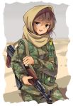  :d akm assault_rifle badge brown_eyes brown_hair camouflage commentary cowboy_shot dark_skin desert digital_camouflage gun hair_between_eyes head_scarf highres holding holding_gun holding_weapon insignia longmei_er_de_tuzi looking_at_viewer military military_uniform open_mouth original rifle smile solo uniform weapon women's_protection_units 