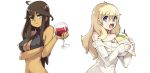  ahoge alcohol bare_arms bare_shoulders blonde_hair blue_eyes breasts brown_hair cleavage commentary contrast crepe criss-cross_halter dark_skin dress english_commentary fingernails food food_between_breasts glass hair_between_eyes halterneck highres holding holding_food large_breasts long_sleeves looking_at_viewer multiple_girls nail_polish pocket_waifu revealing_clothes simple_background sleeves_past_wrists sweater sweater_dress upper_body vins-mousseux white_background white_nails white_sweater wine 