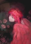  :o animal_ears blue_eyes commentary_request feathers flower from_side harpy head_wings highres looking_at_viewer monster_girl original parted_lips pink_flower pink_rose red_hair red_wings romiy rose short_hair solo wings 