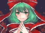  commentary_request eyebrows_visible_through_hair fingers_together green_eyes green_hair hair_ribbon hands_up kagiyama_hina looking_at_viewer red_ribbon ribbon romiy short_hair smile solo touhou upper_body 