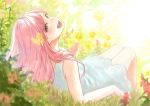  :d absurdres bare_shoulders blue_eyes dress flower grass hair_flower hair_ornament highres legs_together long_hair looking_at_viewer looking_back open_mouth original pink_hair reclining romiy sitting smile solo white_dress 