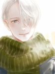  blue_eyes commentary green_scarf hair_over_one_eye head_tilt looking_at_viewer male_focus parted_lips romiy scarf smile solo upper_body viktor_nikiforov white_background white_hair yuri!!!_on_ice 
