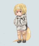  :3 absurdres alternate_costume anteater_ears anteater_tail blonde_hair bow hair_bow highres hood hooded_track_jacket hoodie jacket kajitsu_ohima kemono_friends oversized_clothes pink_hair short_hair silky_anteater_(kemono_friends) sleeves_past_fingers sleeves_past_wrists solo thighhighs track_jacket 