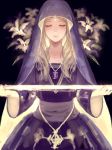  bangs blonde_hair closed_eyes closed_mouth dress eyelashes facing_viewer flower gem headpiece holding holding_sword holding_weapon jewelry long_hair long_sleeves necklace original parted_bangs purple_dress romiy sash solo sword veil weapon 