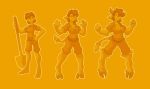  2016 animal_humanoid barefoot big_breasts bovine breast_expansion breasts clothing cow_humanoid female fist hair hooves horn hukeng human human_to_humanoid humanoid looking_at_viewer mammal monochrome one_eye_closed open_mouth orange_background pants sequence shirt short_hair shovel simple_background smile solo standing surprise tail_growth transformation 