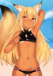  :3 animal_ears arm_up armpits bandaid bandaids_on_nipples beach bikini bikini_lift black_bikini blonde_hair breasts cowboy_shot dark_skin day fox_ears fox_tail hair_between_eyes halter_top halterneck long_hair looking_at_viewer mathew_(srmmk_mce) navel original outdoors pasties red_eyes small_breasts solo swimsuit tail underboob 