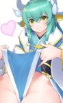  adjusting_clothes blush bow dabuki eyebrows_visible_through_hair fate/grand_order fate_(series) green_eyes green_hair hair_between_eyes hair_ornament heart highres horns japanese_clothes kiyohime_(fate/grand_order) looking_at_viewer no_panties sidelocks smile solo 