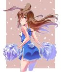  animal_ears ass bangs bare_arms bare_shoulders blue_dress blush breasts brown_background brown_eyes brown_hair bunny_ears bunny_girl bunny_tail cheerleader closed_mouth clothes_writing cropped_legs dress eyebrows_visible_through_hair highres holding iesupa leaning_forward long_hair looking_at_viewer pom_poms pouty_lips rwby side_slit sleeveless sleeveless_dress small_breasts solo tail thighs velvet_scarlatina 