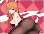  absurdres animal_ears ass bare_shoulders blue_eyes breasts bunny_ears bunny_girl bunny_tail bunnysuit charlotte_e_yeager detached_collar emirio_(user_wmup5874) grin hair_between_eyes heart highres long_hair looking_at_viewer medium_breasts one_eye_closed orange_hair pantyhose patterned_background signature skindentation smile solo strike_witches tail world_witches_series 