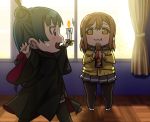  :t backlighting baguette bangs black_cloak black_legwear blue_hair bread brown_hair cardigan chibi cloak commentary_request curtains day eating fang feathers food hair_feathers holding holding_candle holding_food kunikida_hanamaru long_hair long_sleeves looking_at_another love_live! love_live!_sunshine!! miniskirt multiple_girls pantyhose pleated_skirt purple_eyes school_uniform serafuku side_bun skirt standing sweatdrop thighhighs tsushima_yoshiko uranohoshi_school_uniform usamaru67pi window wooden_floor yellow_cardigan yellow_eyes 