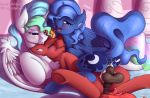  2018 absurd_res balls cutie_mark dialogue digital_media_(artwork) dock english_text equine eyes_closed fan_character female feral friendship_is_magic fur group hair hi_res hooves horn lying male male/female male_penetrating mammal mricantdraw multicolored_hair my_little_pony penetration penis princess_celestia_(mlp) princess_luna_(mlp) pussy sex spread_legs spreading text tongue tongue_out underhoof vaginal vaginal_penetration winged_unicorn wings 