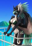  anthro bikini breasts clothed clothing elvofirida equine feathered_wings feathers female looking_at_viewer mammal outside pegasus solo standing swimsuit wings 