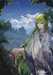  androgynous blue_sky cloud commentary_request day enkidu_(fate/strange_fake) fate/grand_order fate/strange_fake fate_(series) flower green_hair highres long_hair long_sleeves male_focus outdoors purple_eyes rean_(r_ean) red_flower robe signature sky smile solo tree very_long_hair wide_sleeves 
