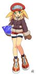  bare_legs bike_shorts bike_shorts_under_shorts blonde_hair blush coat commentary_request crystal full_body fur_trim gem green_eyes hat head_tilt holding mittens muu_(mumumer) pocket rockman rockman_dash roll_caskett shoes shorts smile solo spiked_hair white_background zipper zipper_pull_tab 