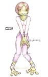  2002 amphibian anthro clenched_teeth clothed clothing eyes_closed female frog hair hazard pants shirt short_hair simple_background solo standing teeth transformation white_background 