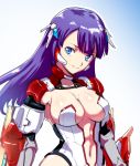  aerial_drive aoba_(smartbeat) arm_guards bangs blue_background blue_eyes blunt_bangs blush breasts center_opening closed_eyes closed_mouth eyebrows_visible_through_hair fate/grand_order fate_(series) gradient gradient_background headgear large_breasts leotard long_hair navel purple_hair revealing_clothes saint_martha shiny shiny_hair shiny_skin smile solo stomach straight_hair strapless strapless_leotard upper_body white_leotard 