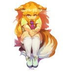  :d animal_ears ankle_boots artist_name bangs bare_arms boots cloud_print collared_shirt ears_down eyebrows eyebrows_visible_through_hair fennekin fox_ears fox_girl fox_tail full_body gen_6_pokemon green_footwear green_shirt hands_together highres horizontal_stripes kneehighs legs_together long_hair mayo_cha necktie open_mouth orange_eyes orange_hair personification pokemon pokemon_(game) pokemon_xy shirt short_sleeves sidelocks simple_background sitting smile solo striped striped_neckwear tail tongue white_background white_legwear 